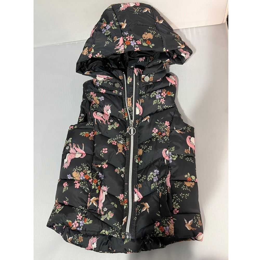 HM Girls Black Unicorn Floral Puffer Vest Removable Hood Size 3-4T Padded Gilet